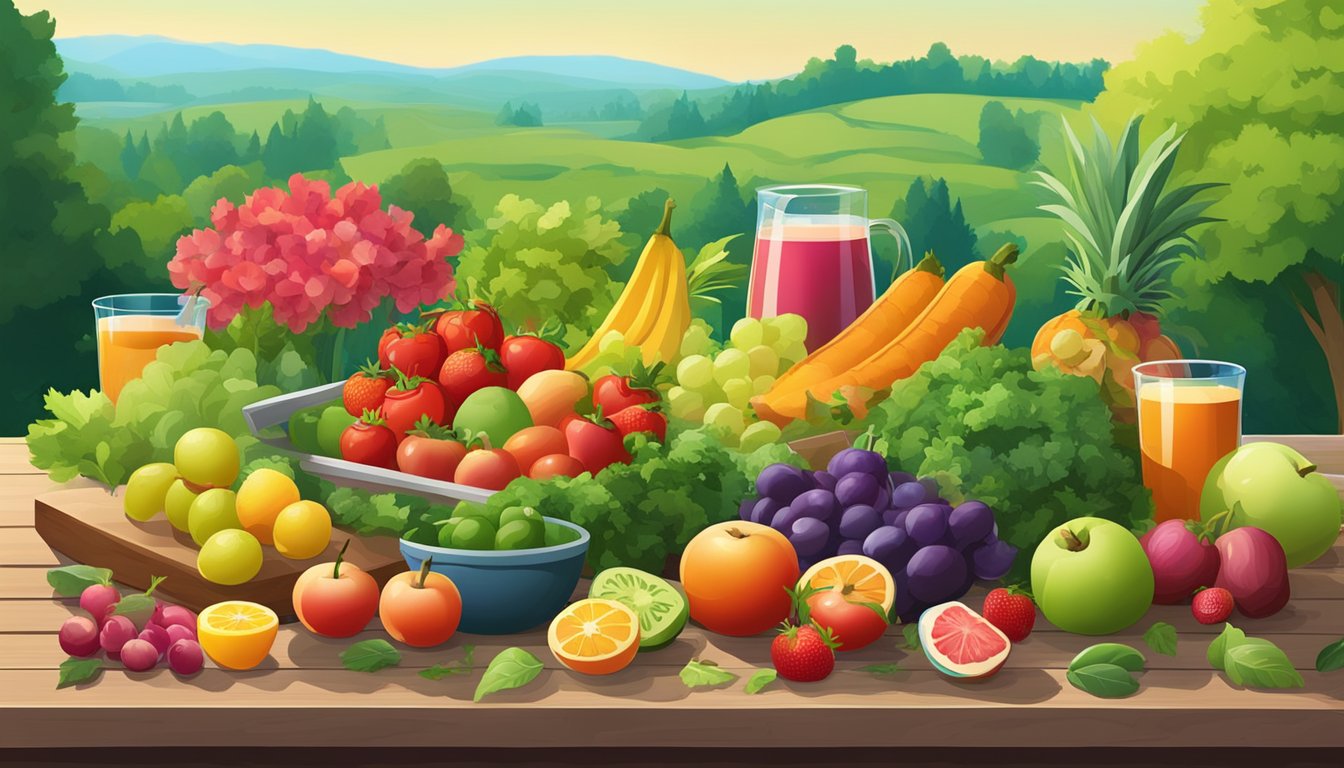 A lush green landscape with a variety of fresh fruits, vegetables, and lean meats displayed on a wooden table, surrounded by vibrant flowers and a clear blue sky