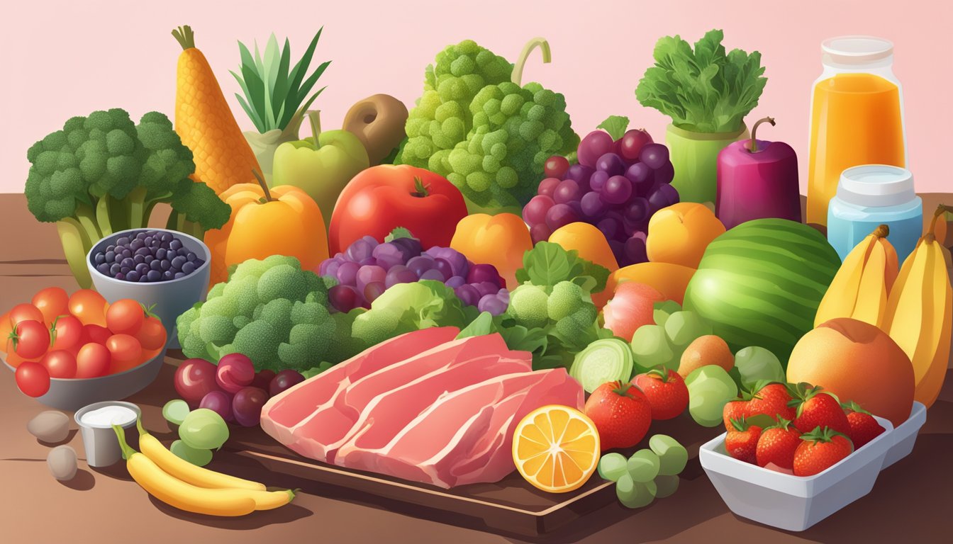 A table filled with fresh fruits, vegetables, and lean meats next to a radiant, glowing skin