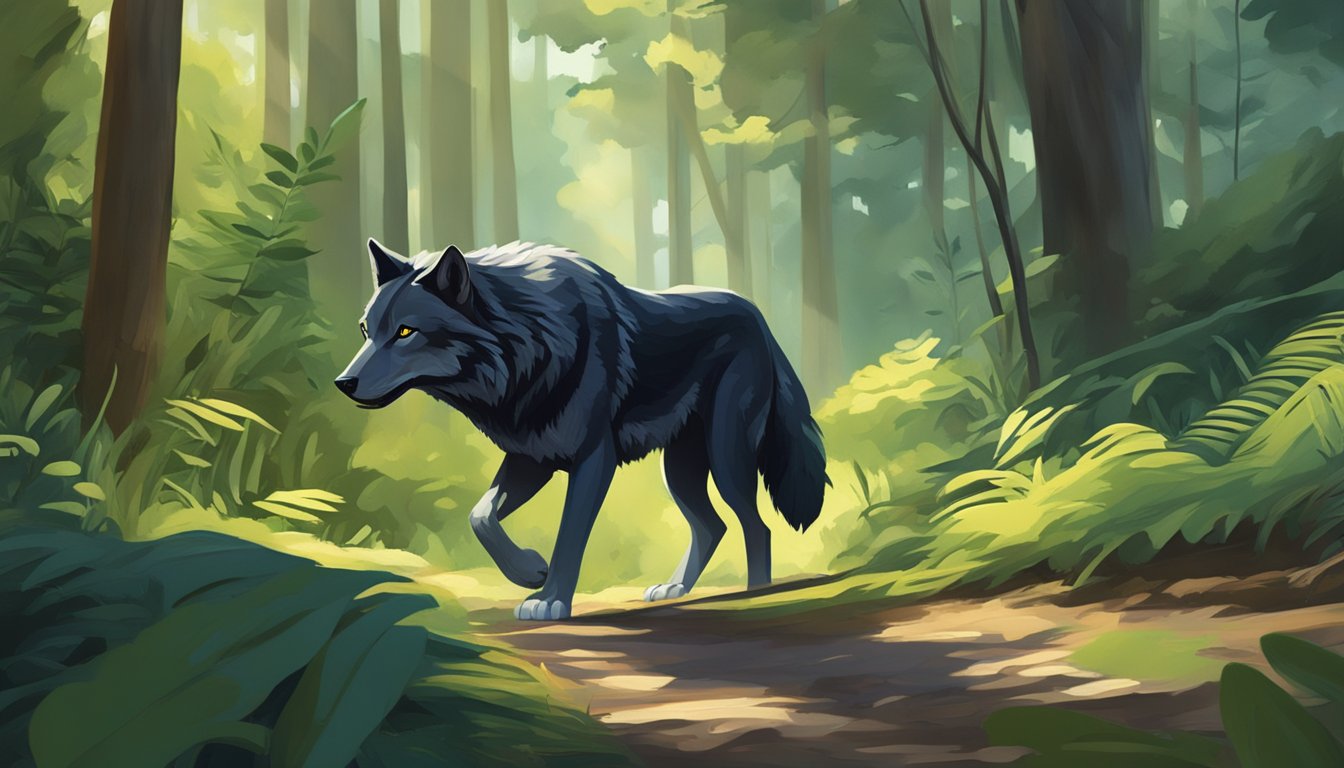 A wolf prowls through a lush forest, its coat gleaming in the dappled sunlight. Nearby, a sleek panther stalks its prey, its fur radiant and healthy