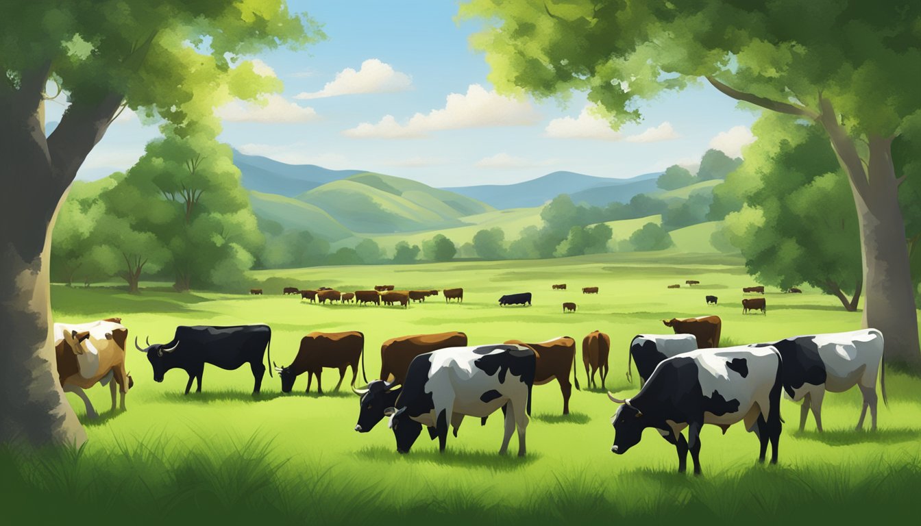 A serene scene of a grazing herd of cattle in a lush green pasture, with a peaceful and mindful atmosphere