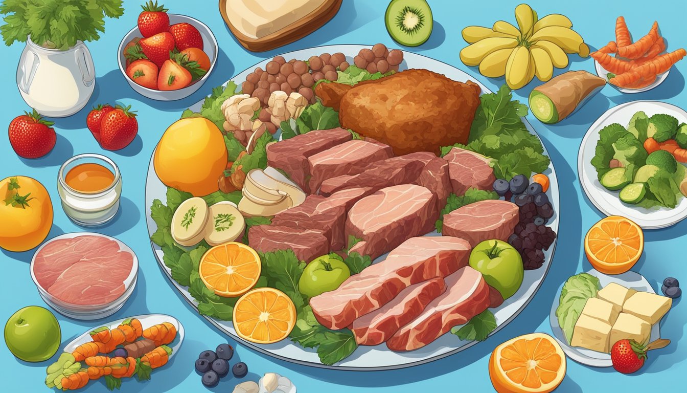 A plate filled with various types of meat and animal products, surrounded by vibrant fruits and vegetables, set against a backdrop of a clear blue sky and greenery