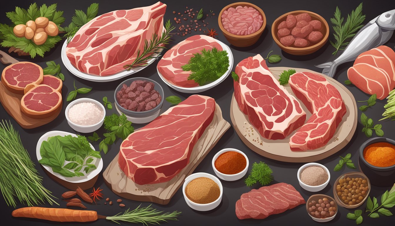 A table set with a variety of raw meats, surrounded by fresh herbs and spices, with a focus on the natural elements of the carnivore diet