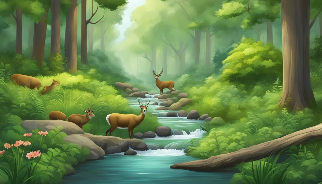 A serene forest clearing with a lush green backdrop, a small stream running through, and a variety of wildlife peacefully coexisting