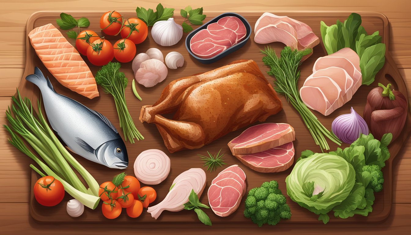 A variety of meats, including beef, chicken, and fish, arranged on a wooden cutting board surrounded by fresh vegetables and herbs