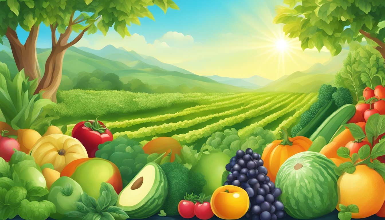 A lush green landscape with a variety of fruits, vegetables, and grains growing abundantly, surrounded by a clear blue sky and vibrant sunshine