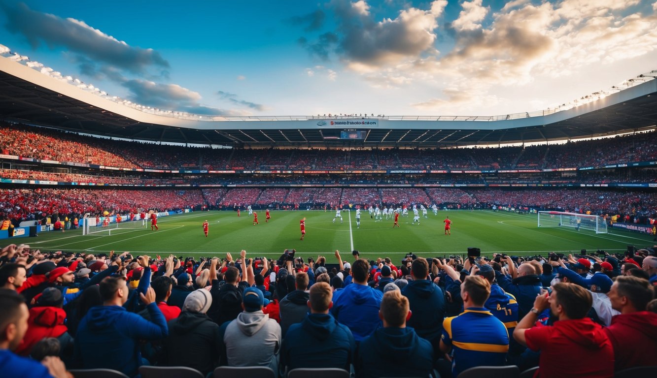 Sebuah stadion yang ramai dengan penggemar yang bersorak dan pemain di lapangan