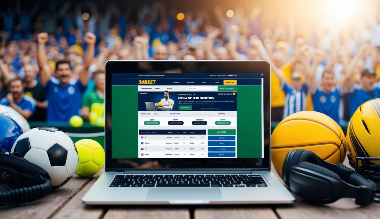 Sebuah laptop terbuka di halaman taruhan online Sbobet, dikelilingi oleh peralatan olahraga dan kerumunan yang bersorak di latar belakang