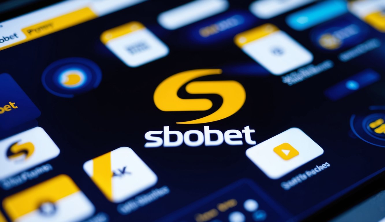 Sebuah tata letak situs web yang hidup dan modern dengan logo Sbobet yang ditampilkan secara mencolok di bagian atas, dikelilingi oleh grafik yang ramping dan elemen interaktif.