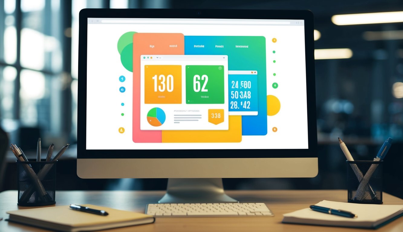 Sebuah layar komputer menampilkan situs web dengan grafik dan angka berwarna-warni, dikelilingi oleh meja dengan pulpen dan buku catatan