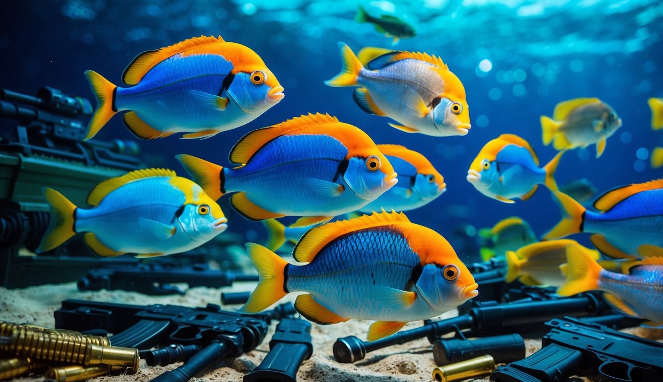 Sekelompok ikan berwarna-warni berenang di dunia bawah laut yang hidup dengan berbagai senjata dan amunisi yang tersebar di sekitarnya.