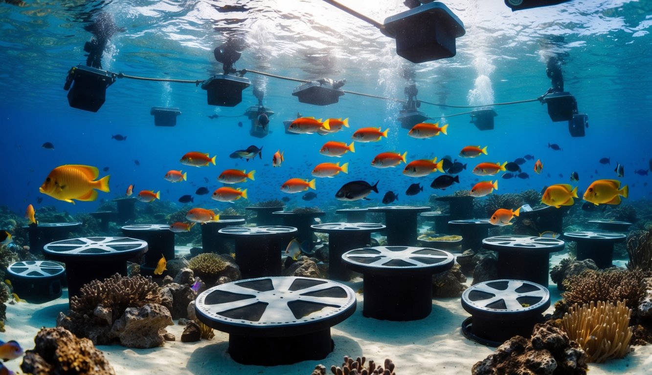 Sebuah dunia bawah laut yang ramai dengan ikan-ikan berwarna-warni yang berenang di sekitar berbagai platform tembak.