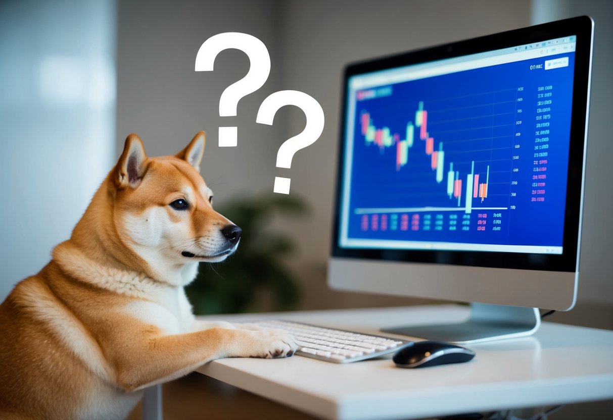 A shiba inu dog beside a computer screen showing a price chart, with question marks floating above its head