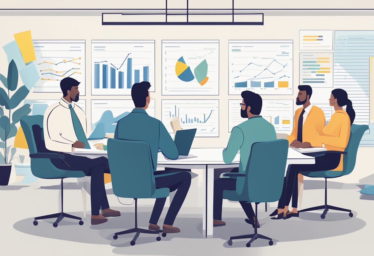 Zespół zarządzający sprzedażą małej i średniej wielkości firmy prowadzi burzę mózgów i strategię w sali konferencyjnej wypełnionej wykresami, grafikami i notatkami z burzy mózgów.