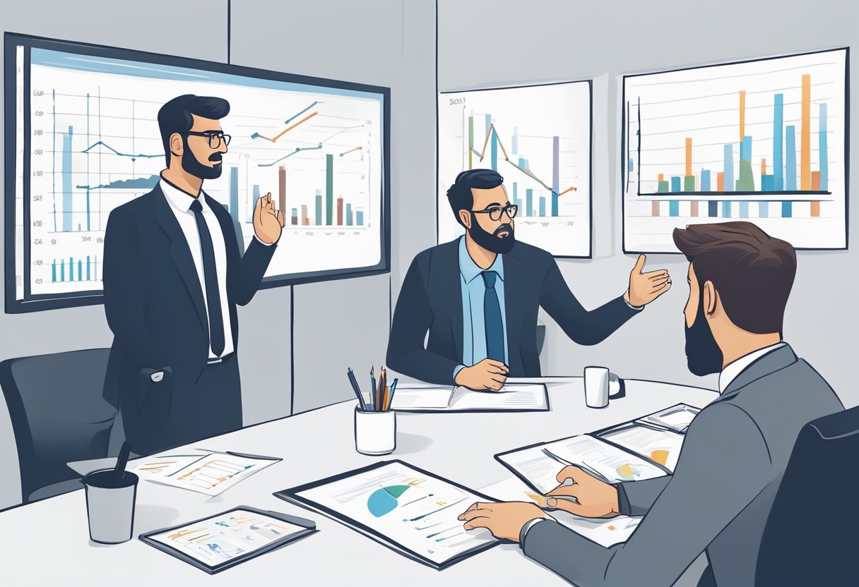 Zespół sprzedaży małych i średnich przedsiębiorstw strategizujący w sali konferencyjnej, z wykresami i grafikami wyświetlanymi na tablicy, a menedżer prowadzący dyskusję