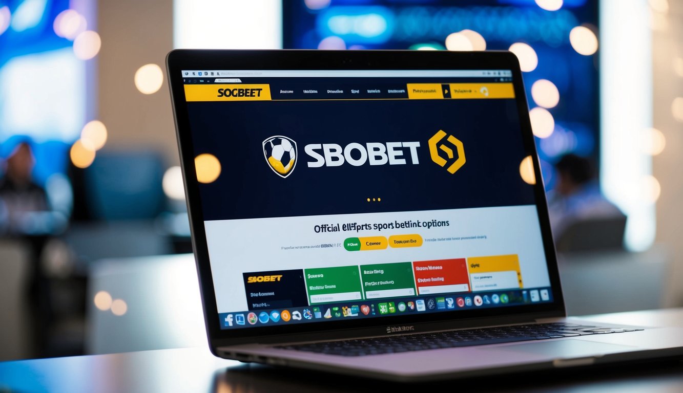 Sebuah layar komputer menampilkan situs resmi sbobet dengan logo dan berbagai opsi taruhan olahraga