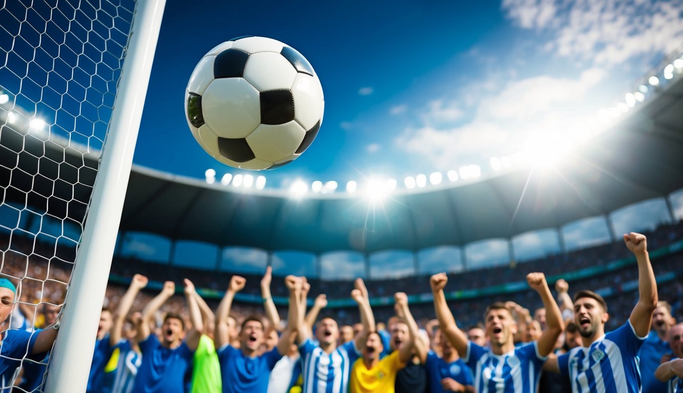 Sebuah bola sepak terbang ke dalam jaring gawang, dikelilingi oleh para penggemar yang bersorak di stadion