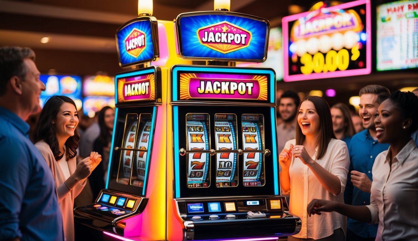 Mesin slot yang cerah dan berwarna-warni dengan lampu berkedip dan gulungan berputar, dikelilingi oleh penonton yang bersemangat dan tampilan jackpot besar