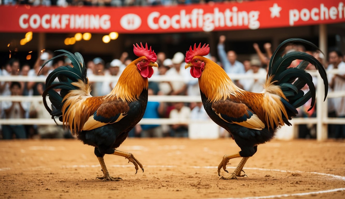 Sebuah arena sabung ayam yang meriah dengan penonton yang bersorak dan dua ayam jantan yang garang terlibat dalam pertempuran