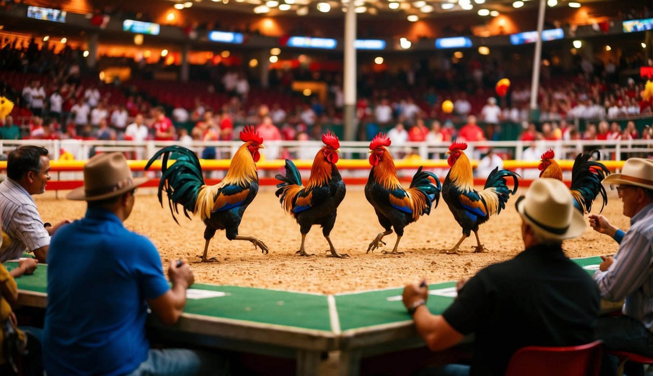 Sebuah arena yang hidup dan ramai dengan ayam jantan berwarna-warni yang bertarung sengit, dikelilingi oleh penonton yang bersorak-sorai dan penjudi yang antusias