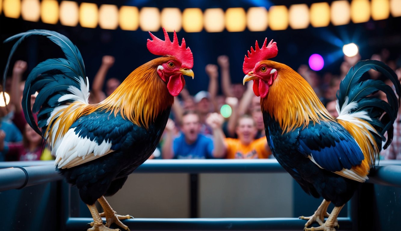 Dua ayam jantan berhadapan di arena digital, dikelilingi oleh penonton yang bersorak dan lampu berkedip.