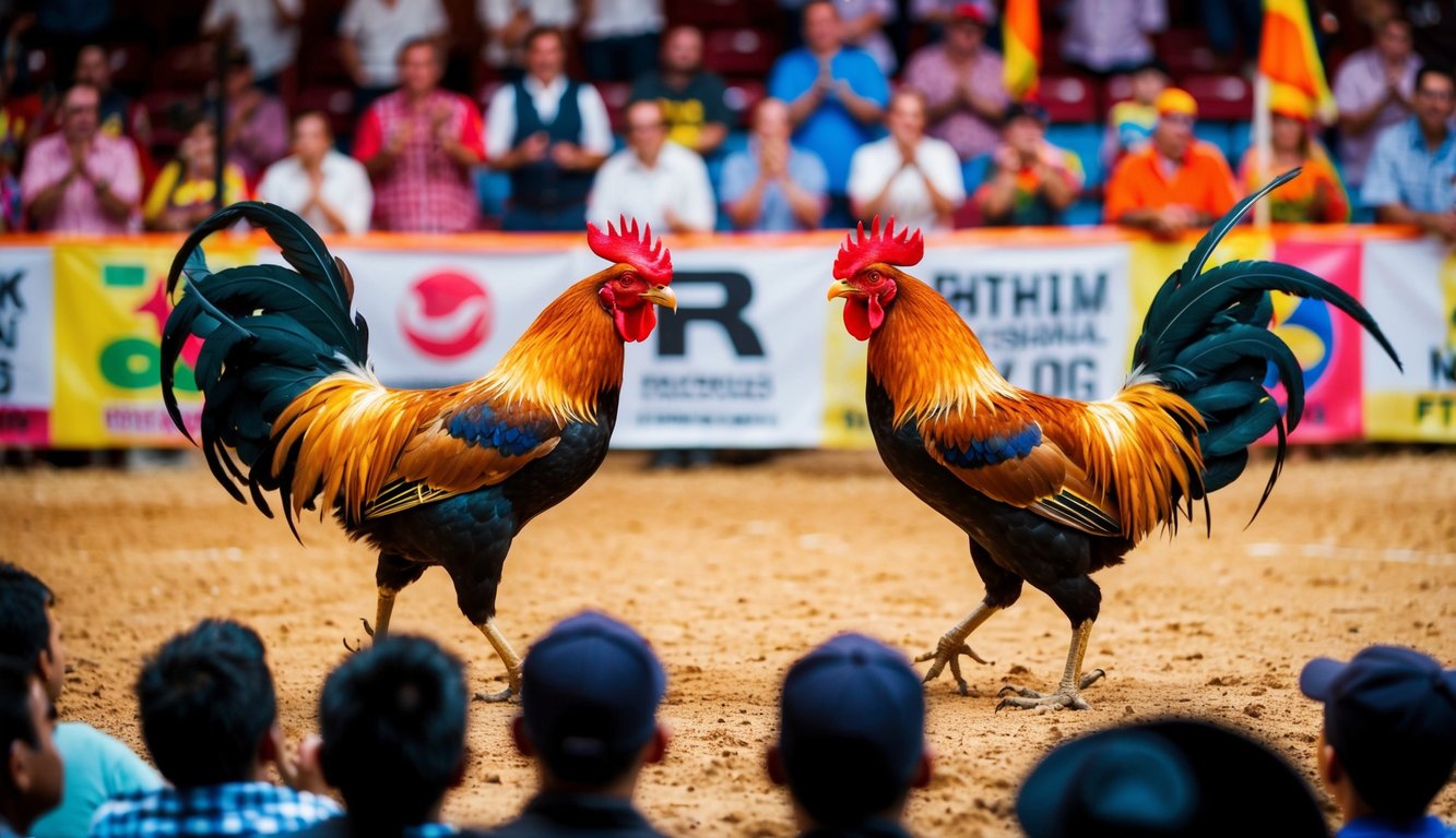 Sebuah arena yang ramai dengan dua ayam jantan yang berhadapan dalam pertarungan sengit, dikelilingi oleh penonton yang bersorak dan spanduk berwarna-warni