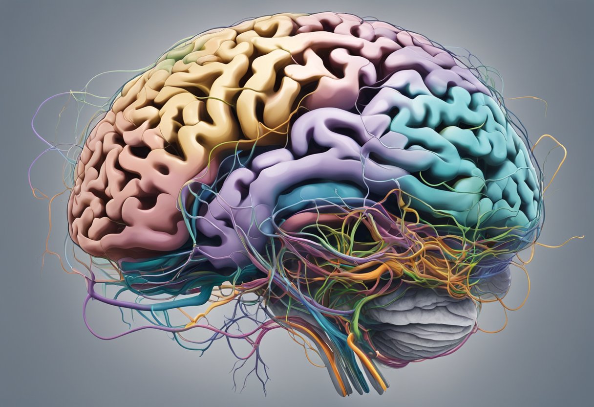 Un cerveau entouré de neurotransmetteurs tourbillonnants et de voies neuronales enchevêtrées, représentant l'étiologie et la neurobiologie du TDAH.