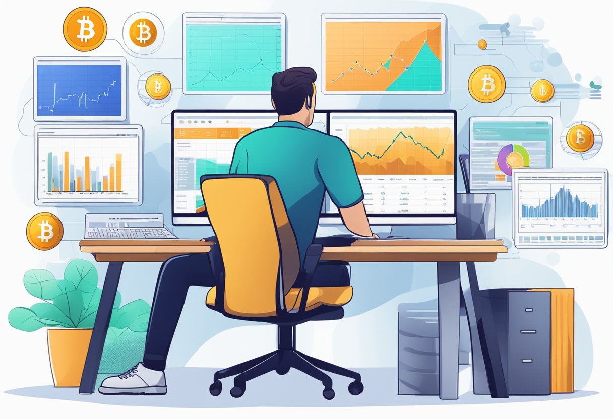 A person sitting at a desk, surrounded by financial documents and a computer screen displaying cryptocurrency charts and graphs