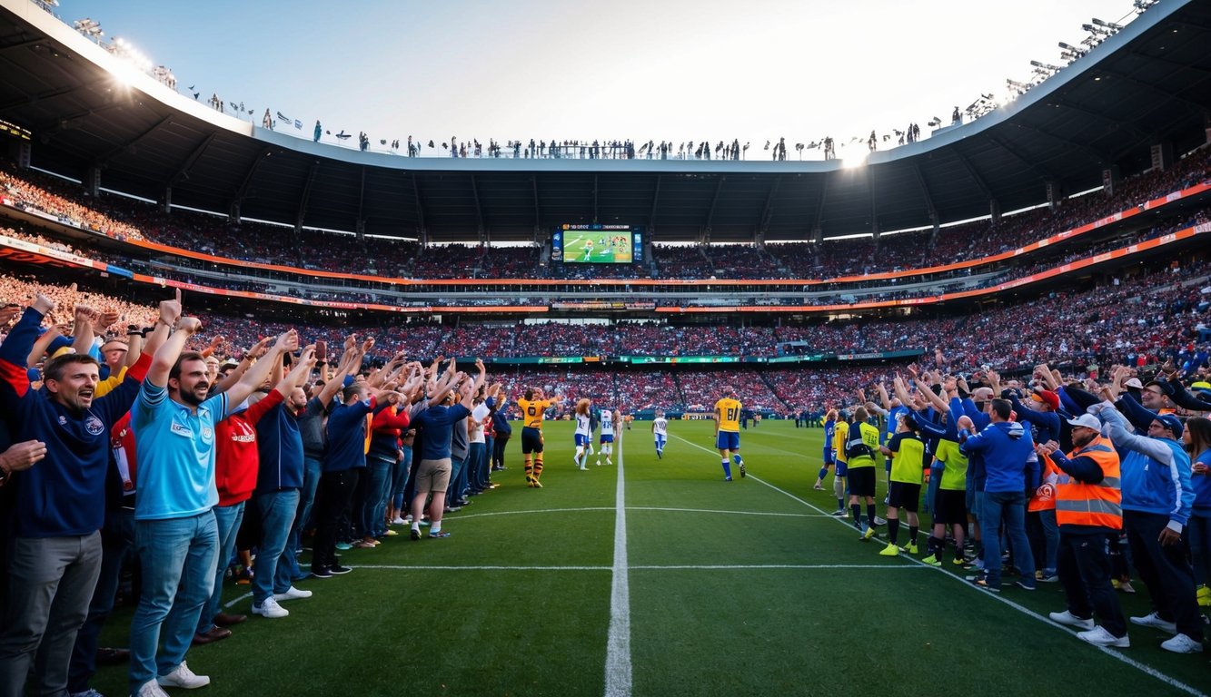 Sebuah stadion olahraga yang ramai dengan penggemar yang bersorak dan pemain di lapangan