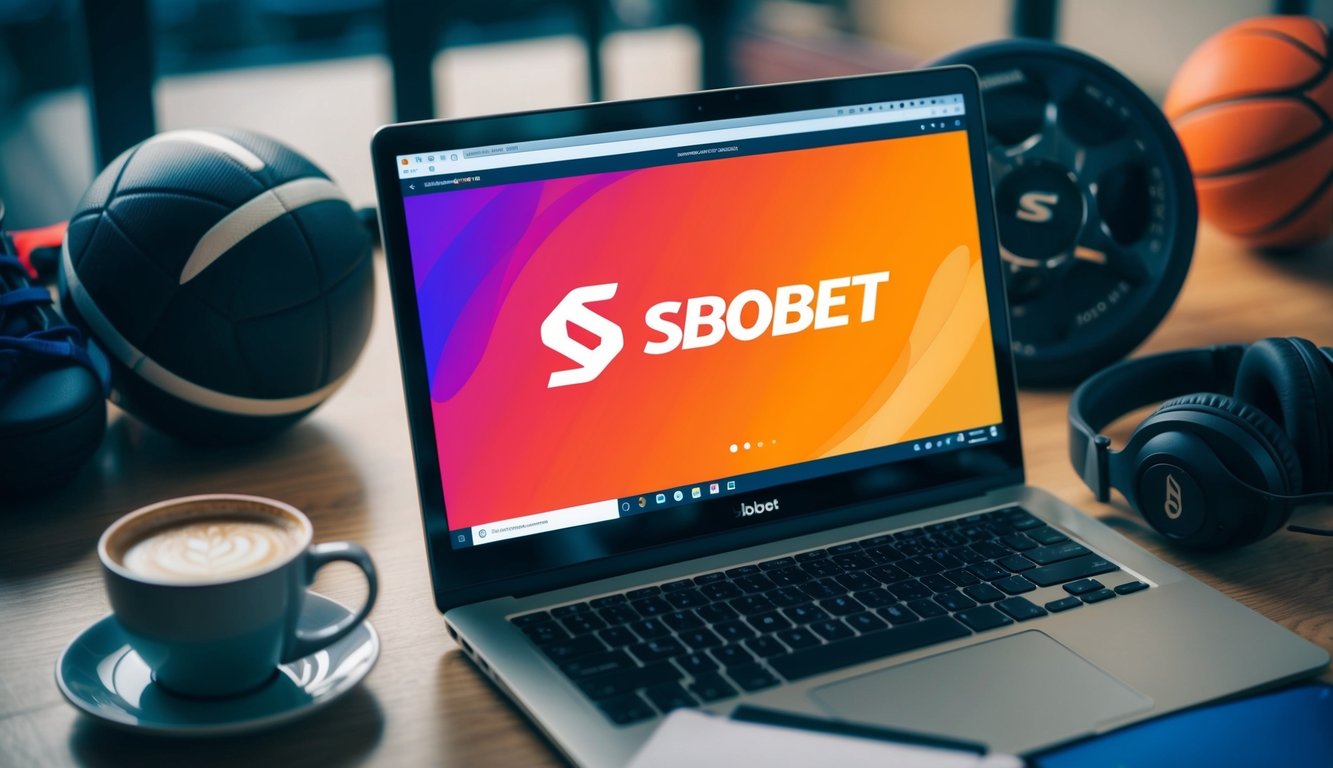 Sebuah laptop terbuka di situs web dengan logo Sbobet, dikelilingi oleh peralatan olahraga dan secangkir kopi