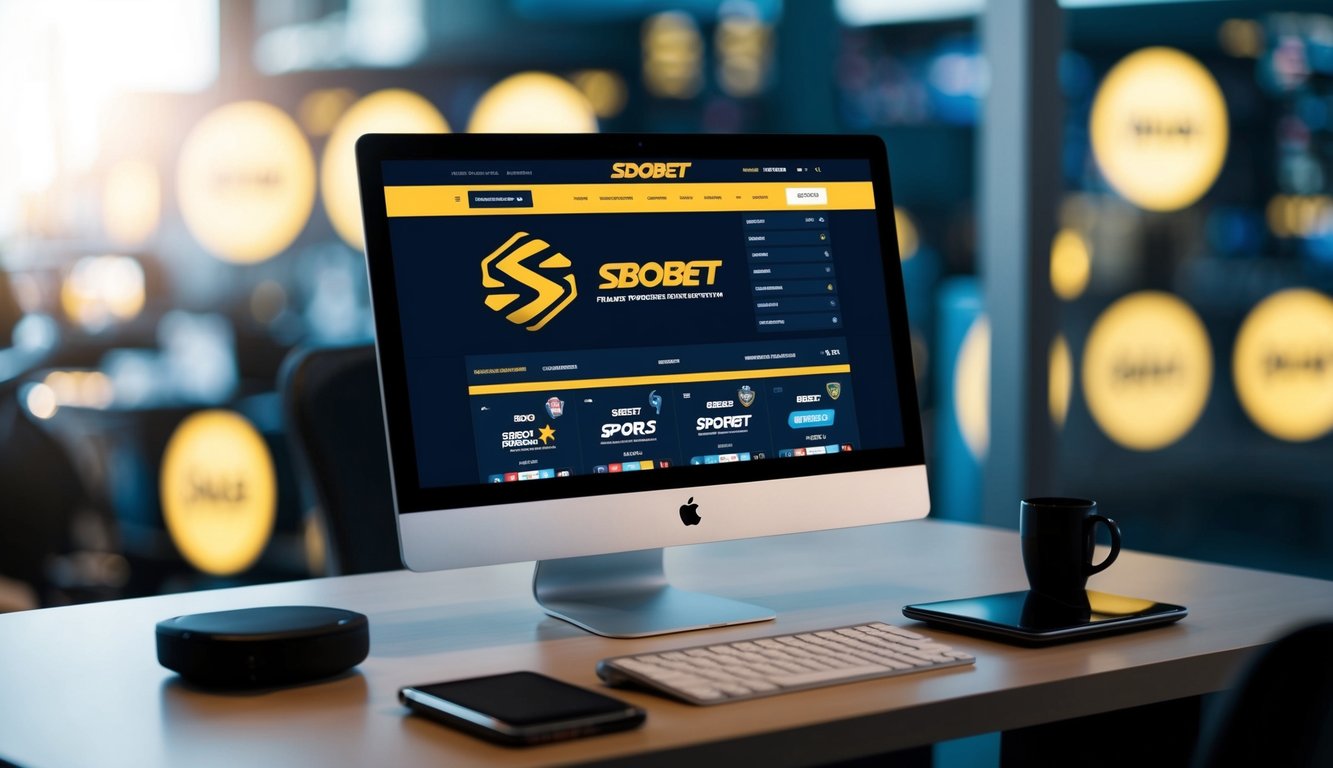 Sebuah layar komputer yang menampilkan situs resmi Sbobet dengan logo dan berbagai pilihan taruhan olahraga