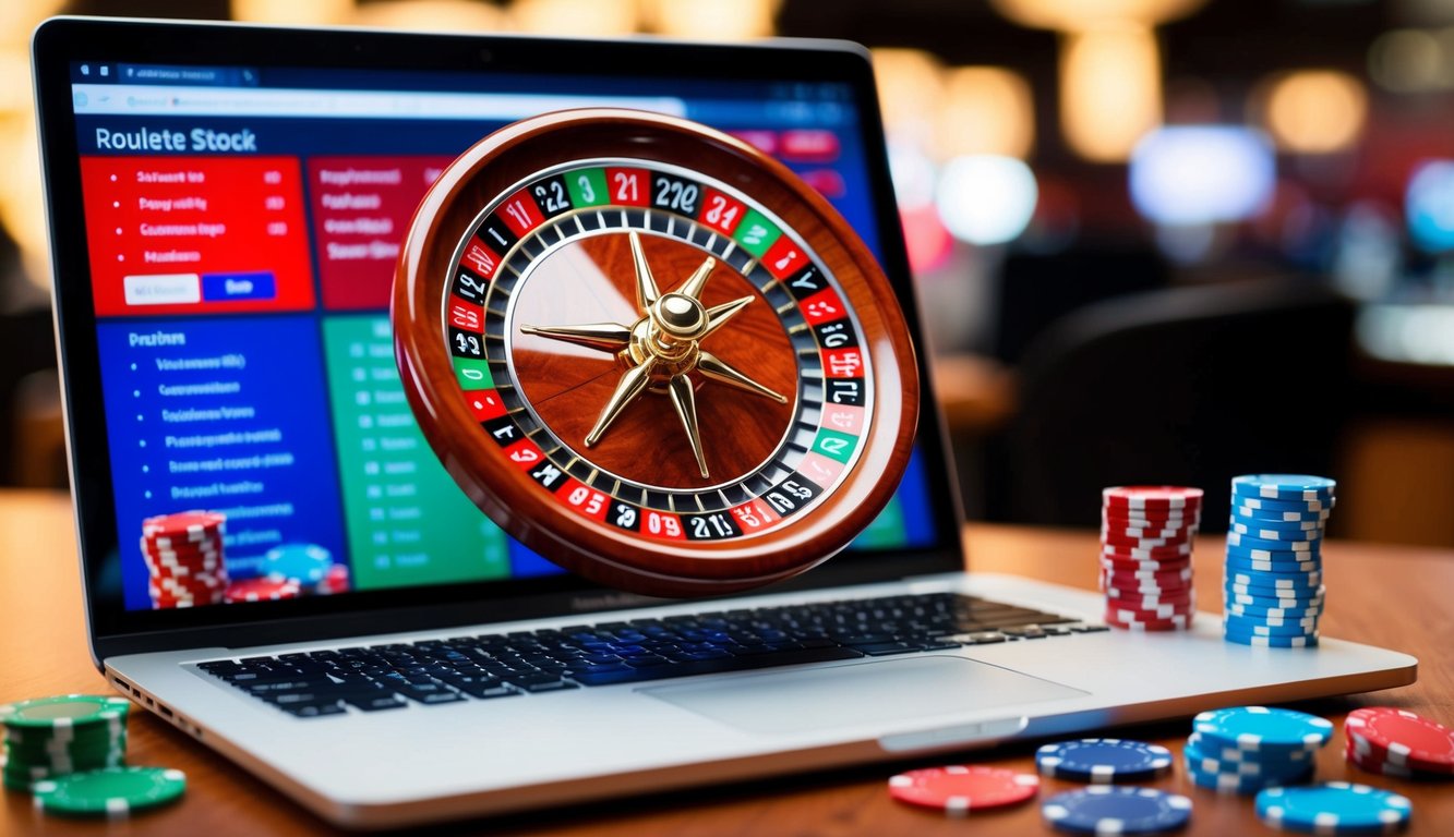 Roda roulette virtual berputar di layar komputer dengan chip taruhan berwarna-warni tersebar di sekitarnya