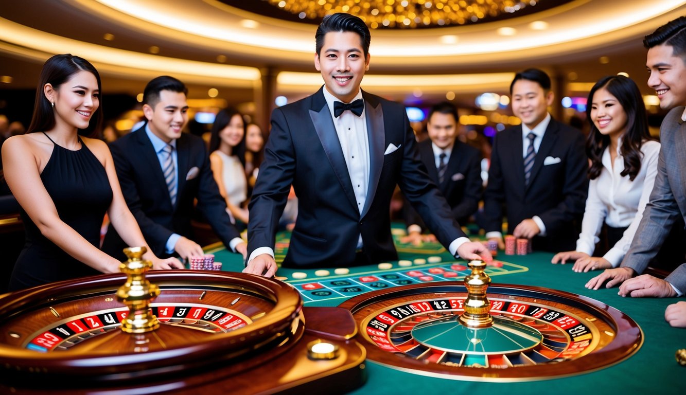 Sebuah kasino yang ramai dengan meja roulette yang hidup dikelilingi oleh pemain yang antusias dan seorang dealer profesional