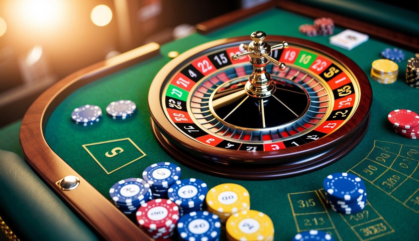 Roda roulette yang berputar dengan slot bernomor berwarna-warni, dikelilingi oleh meja felt hijau dan chip taruhan