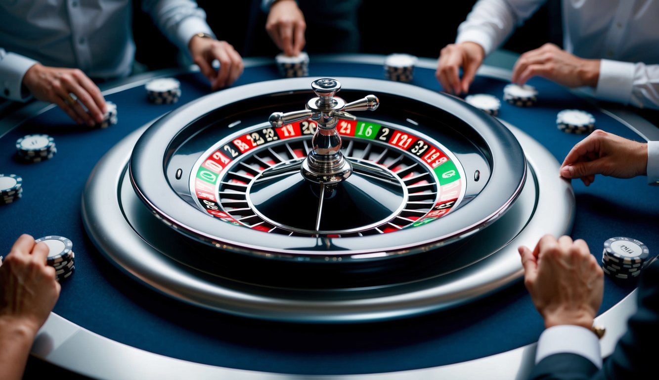 Roda roulette berputar di atas meja modern yang ramping, dikelilingi oleh penonton yang antusias memasang taruhan mereka