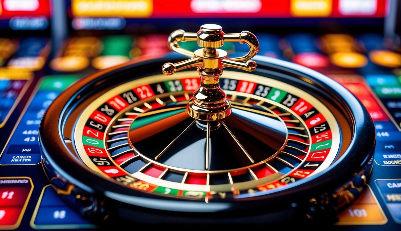 Roda roulette digital berputar di antarmuka permainan online yang penuh warna