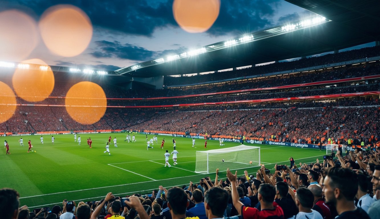 Sebuah stadion yang ramai dengan penggemar yang bersorak dan pemain di lapangan sepak bola