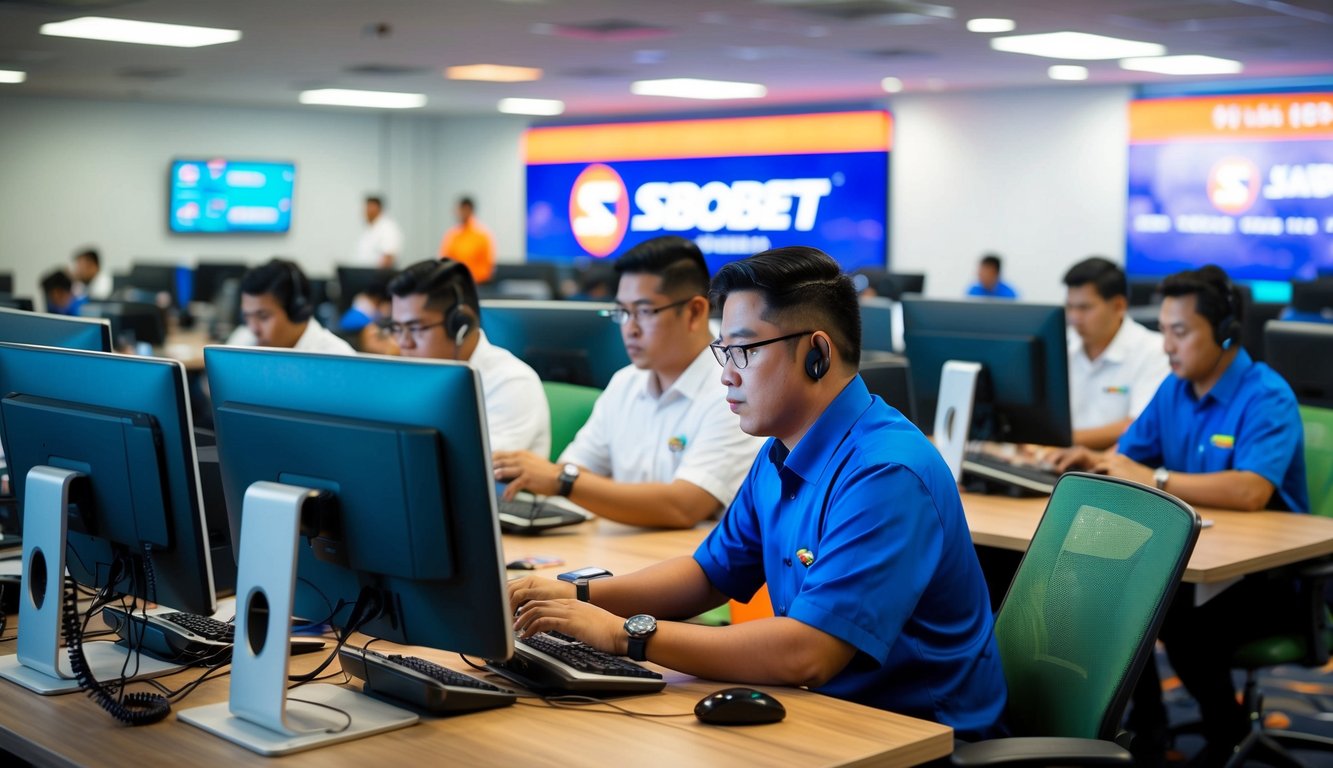 Agen sbobet resmi Indonesia: Sebuah kantor yang ramai dengan komputer, telepon, dan karyawan yang bekerja pada operasi taruhan olahraga