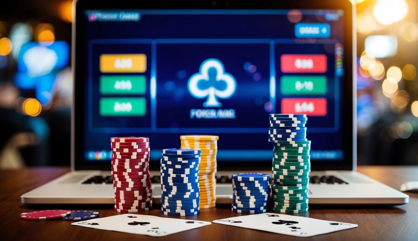 Sekelompok chip poker, kartu, dan layar komputer dengan antarmuka permainan poker yang ditampilkan