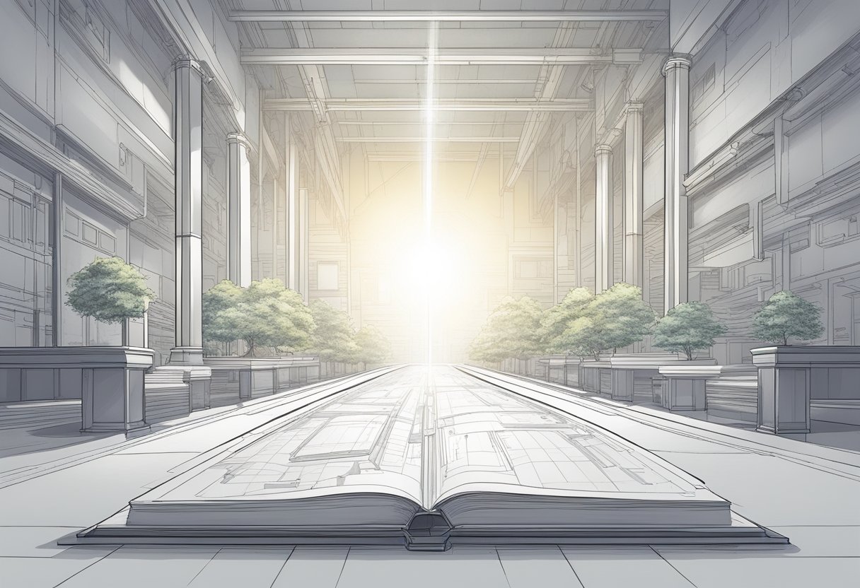 A bright light illuminates a path from a blank slate to a finished blueprint, with universal symbols of growth and achievement scattered along the way