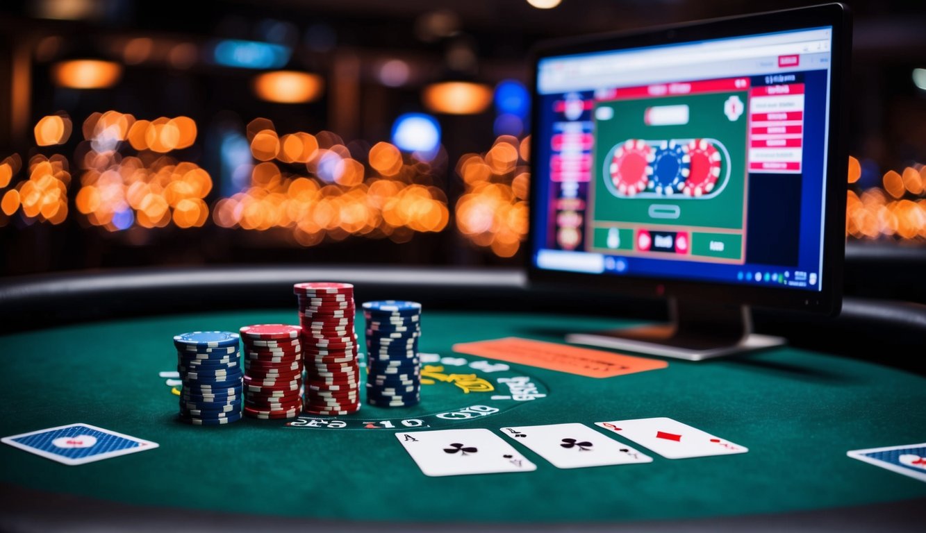 Sebuah meja poker dengan chip, kartu, dan layar komputer yang menunjukkan tangan yang menang