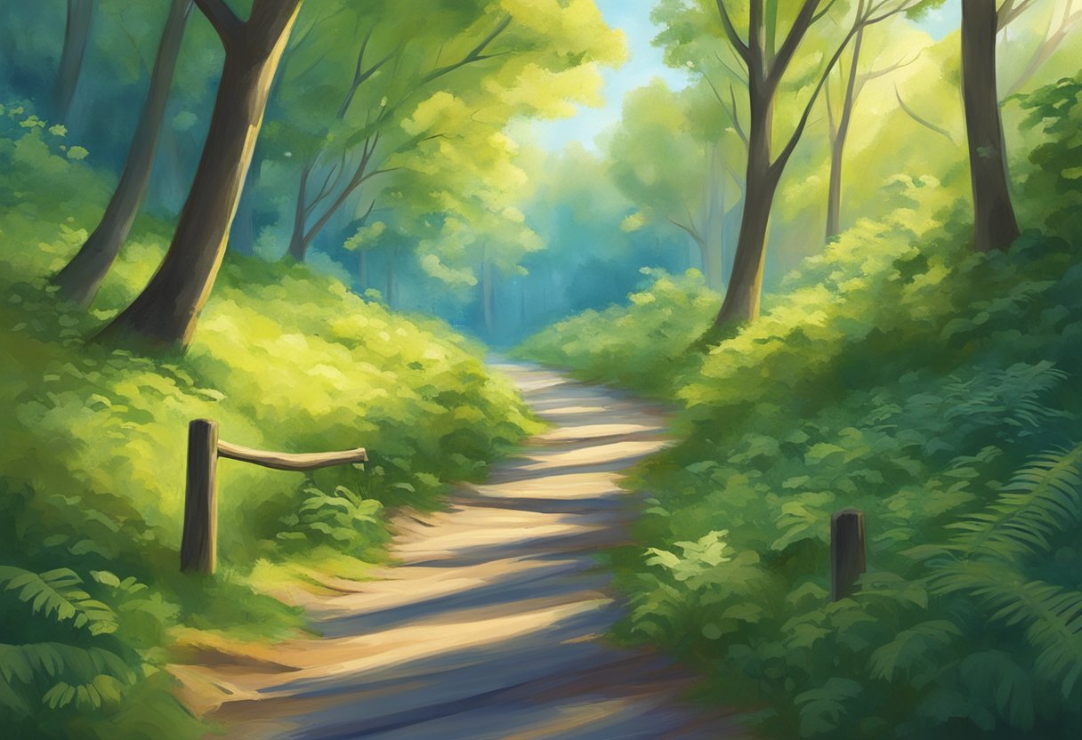 A serene, sunlit path winds through a lush forest, leading towards a bright, open clearing with a clear, blue sky overhead
