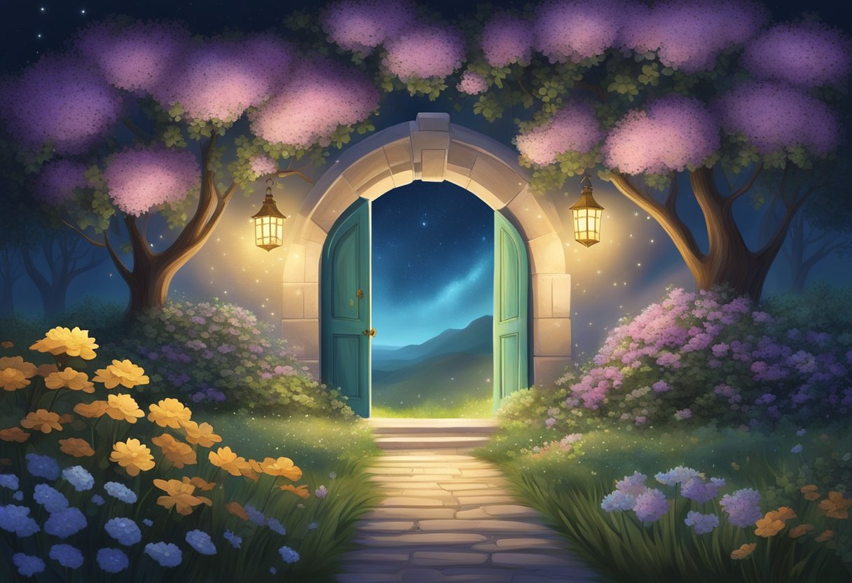 A serene, starlit night with a pathway leading to a glowing, ethereal door, surrounded by blooming flowers and lush greenery