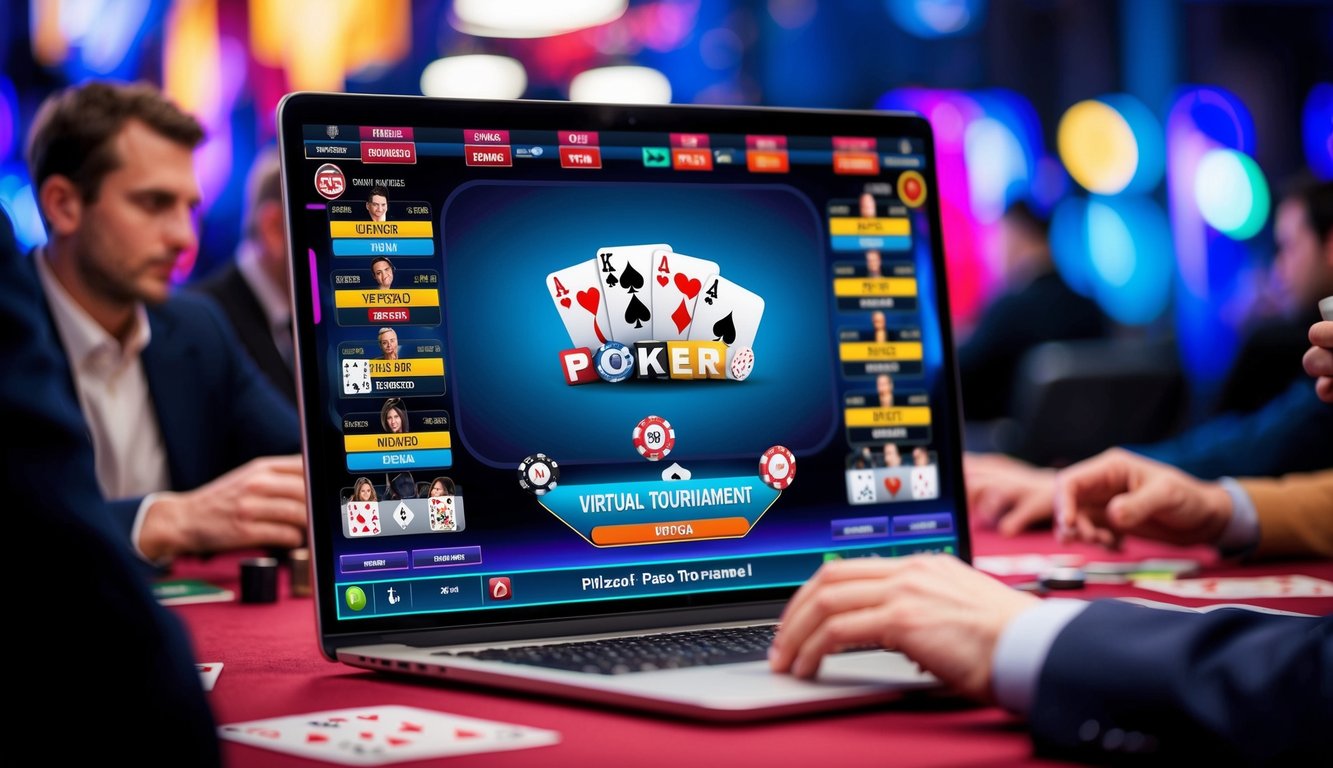 Turnamen poker virtual yang berwarna-warni dengan banyak pemain dan kartu di antarmuka digital