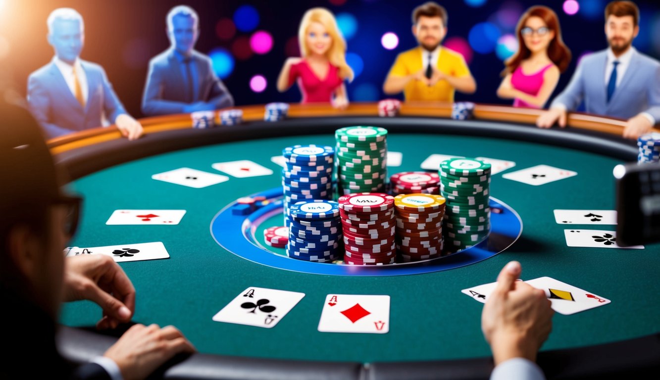 Sekelompok meja poker virtual dengan chip dan kartu berwarna-warni, dikelilingi oleh avatar animasi dalam antarmuka permainan online