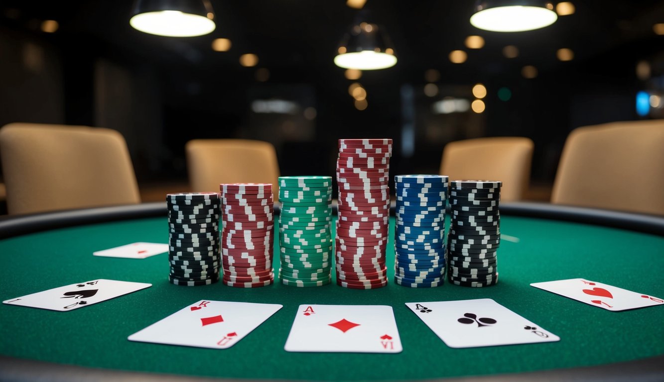 Sekelompok chip poker dan kartu permainan yang disusun di atas meja felt hijau, dikelilingi oleh kursi kosong dan diterangi samar oleh lampu di atas.