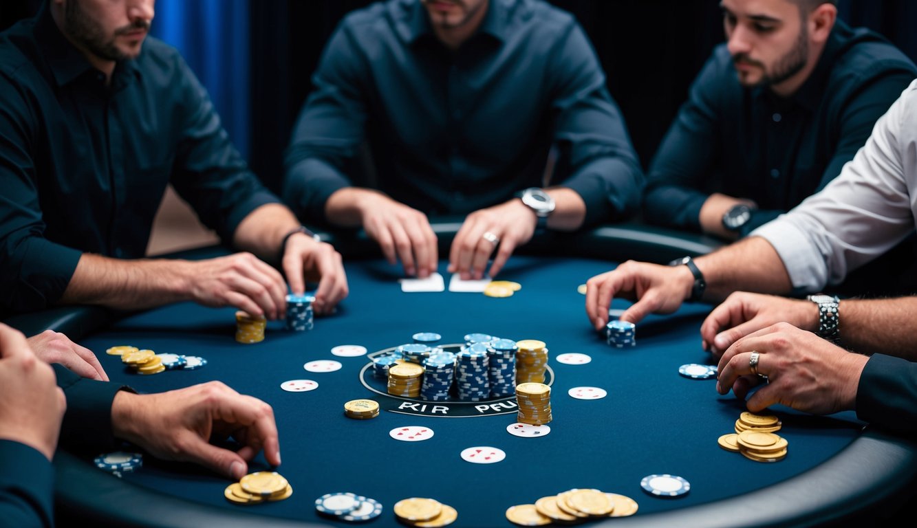 Sekelompok pemain poker duduk di sekitar meja, dengan chip dan kartu tersebar di permukaan, sementara mereka fokus pada tangan mereka dan membuat keputusan strategis.