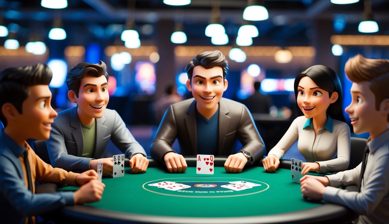 Sekelompok karakter animasi duduk di sekitar meja poker virtual, masing-masing dengan sekelompok kartu, menunjukkan campuran kegembiraan dan konsentrasi.