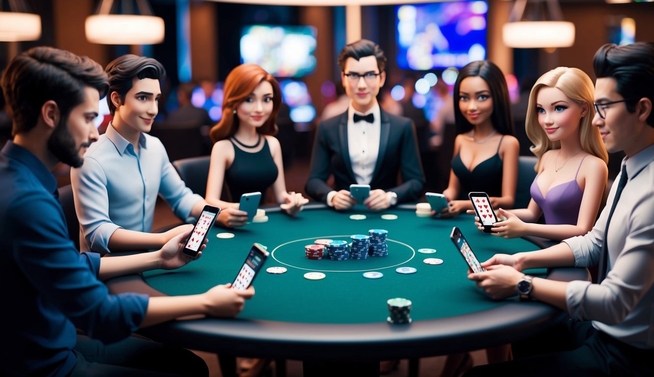 Sekelompok karakter animasi duduk di sekitar meja poker virtual, masing-masing terfokus pada permainan mereka di perangkat mereka. Antarmuka digital menampilkan kartu, chip, dan desain yang ramping serta modern.