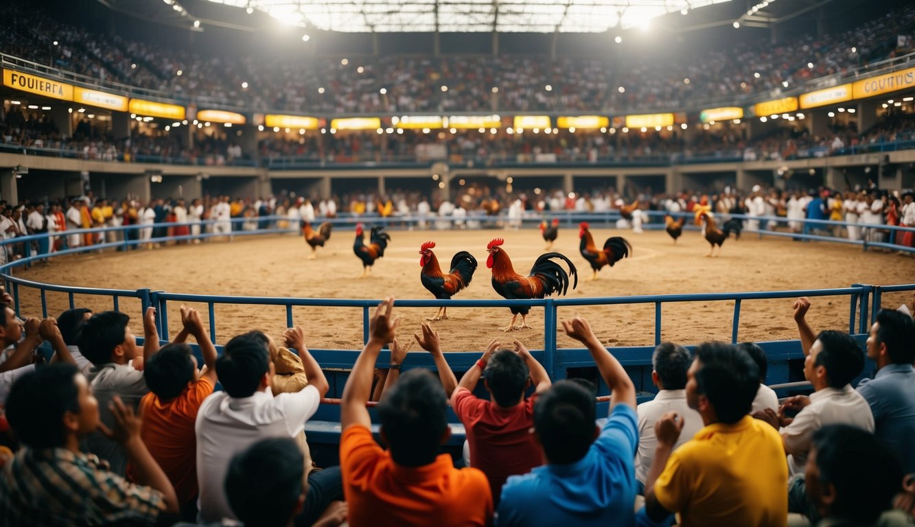 Sebuah arena sabung ayam yang ramai dan hidup dengan penonton yang bersorak-sorai dan ayam jantan berwarna-warni di tengah ring