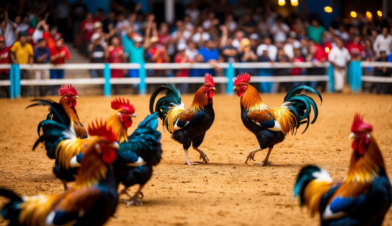 Sebuah arena sabung ayam yang hidup dengan kerumunan yang bersorak dan ayam jantan berwarna-warni di tengah pertempuran yang sengit